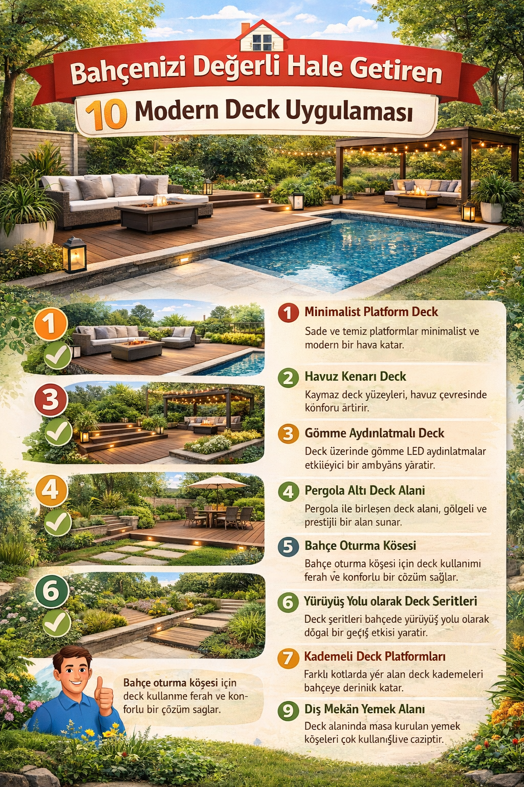 Modern deck uygulama fikirlerini özetleyen infografik