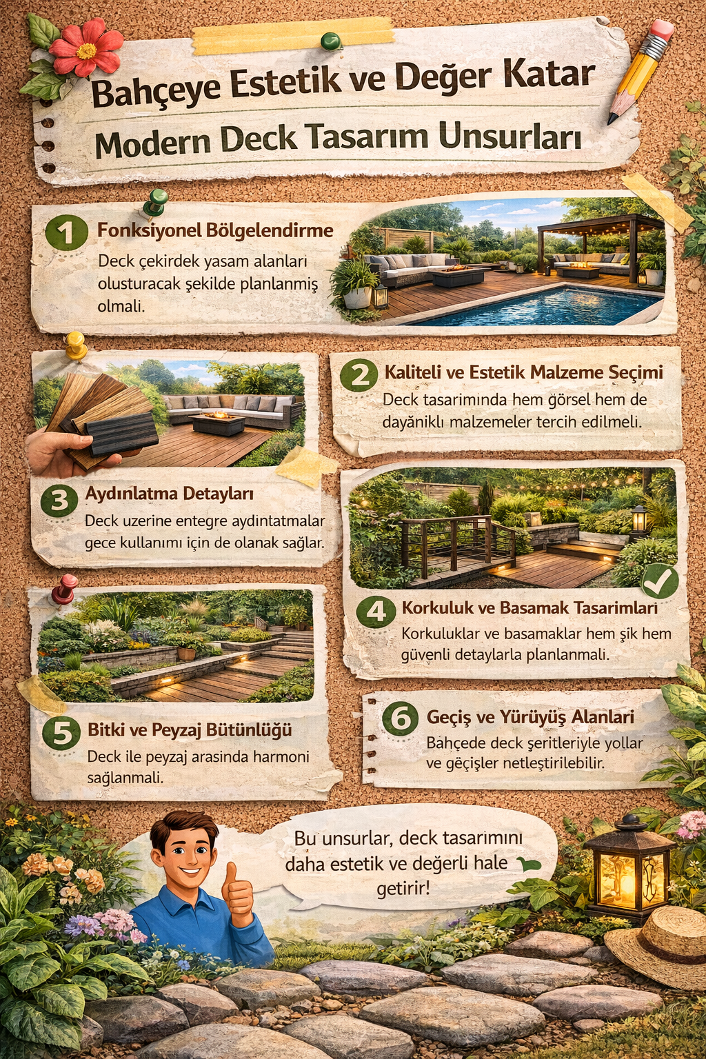 Bahçeye değer katan deck tasarım unsurları infografiği